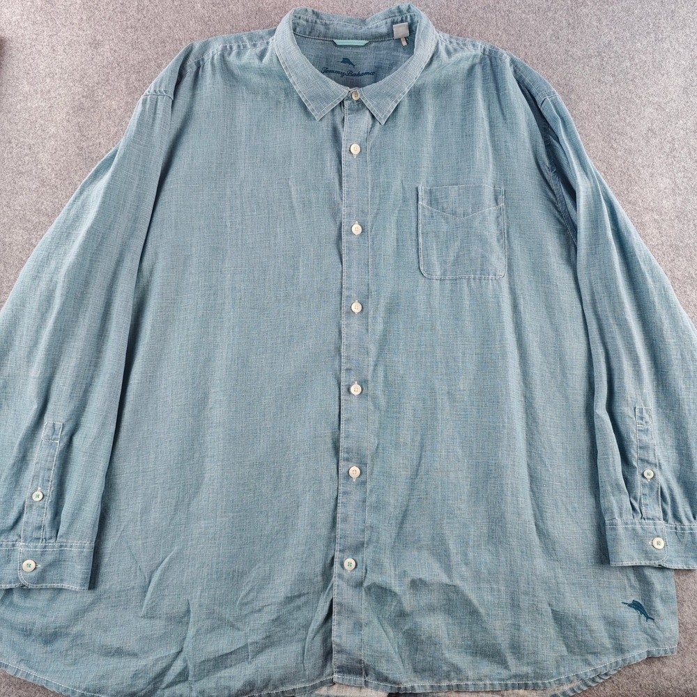 Tommy Bahama Button Down Shirt Mens 5XLB Blue 100% Linen Long Sleeve Marlin Logo
